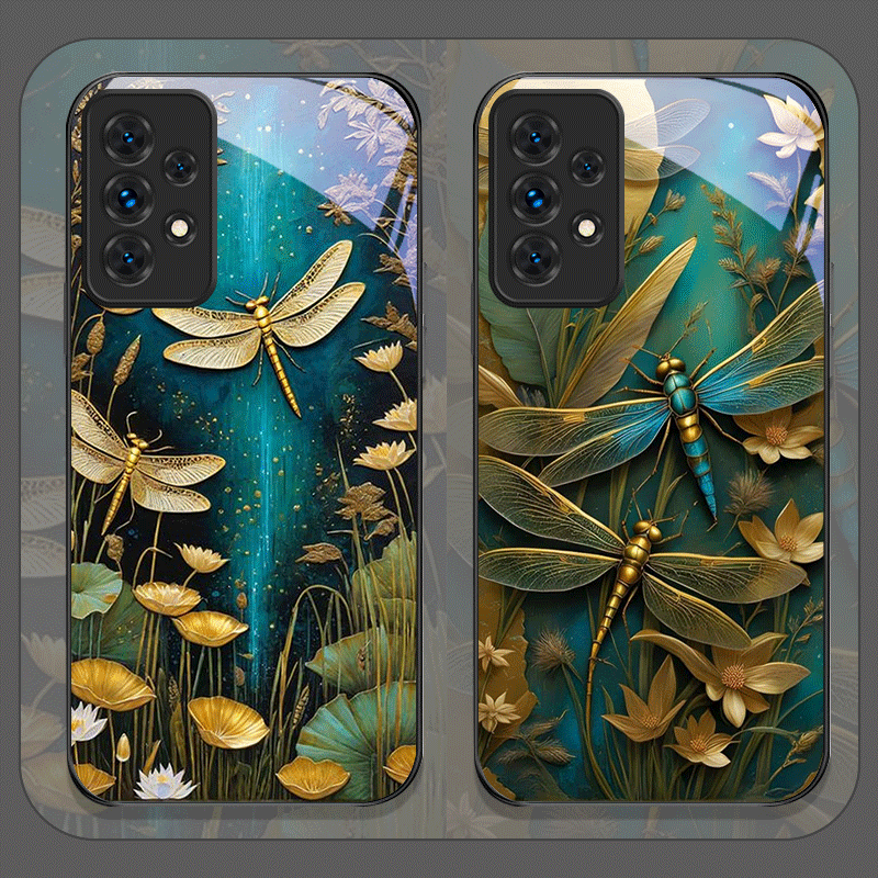 Samsung Galaxy A55 - Bloem Gouden Libel Gehard Glas Telefoon