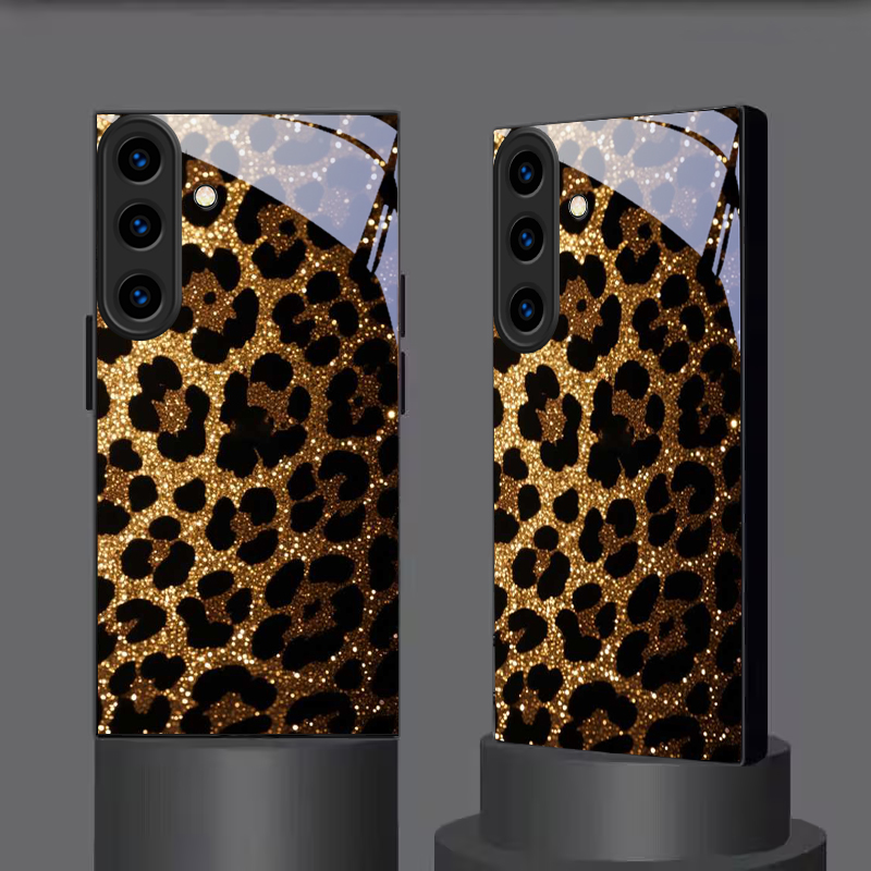 Phone Cases Samsung S25 Fe - Glinsterende goud-zwarte luipaardprint glazen telefoonhoes voor