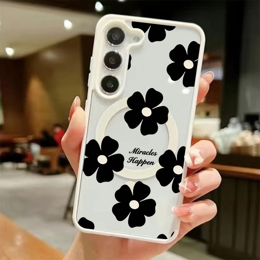 Phone Cases Samsung S25 Fe - Gepersonaliseerde magnetische telefoonhoes met zwarte bloemenprint